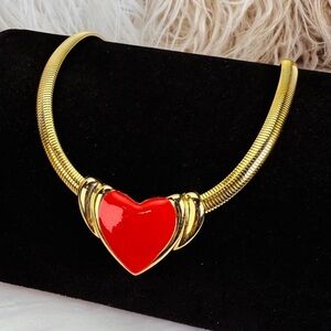 Vintage aged goldtone, red enamel heart pendant necklace